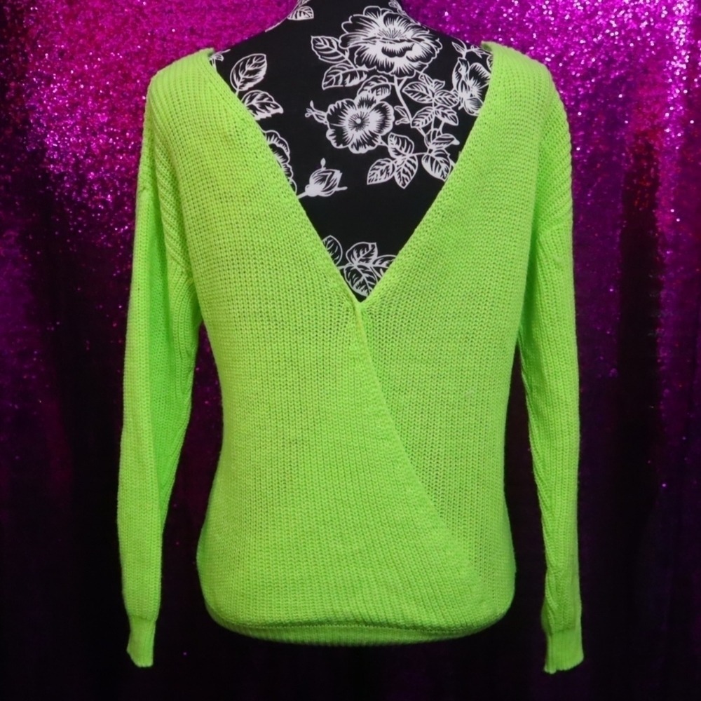 Lulus Neon Green Reversible V-Neck Surplice Wrap Knit Sweater XS Spring St. Pats - Picture 6 of 10